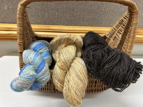 Heather's spindle spun and plied merino, silk merino, Icelandic top. both tog and theil.