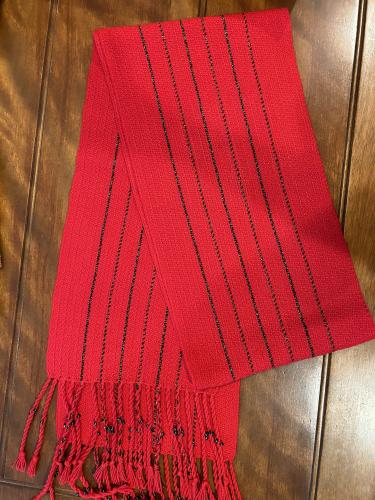 Mary Ann’s bamboo scarf with a little holiday bling with a metallic accent thread.   