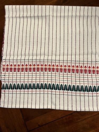 Kathy’s holiday table runner in rosepath, from the same warp as the tea towels.